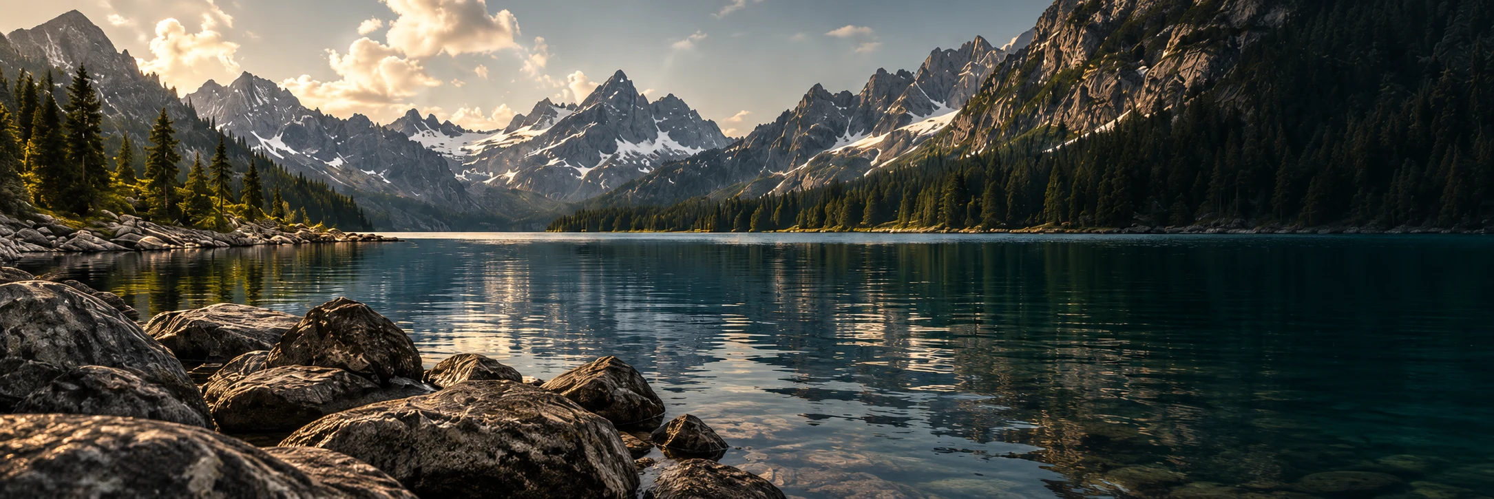 Mountain lake framed by conifers and a rocky shoreline