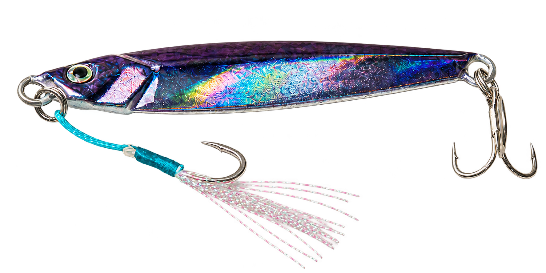 Purple and silver Lureholic A292 metal jig with a turquoise assist hook