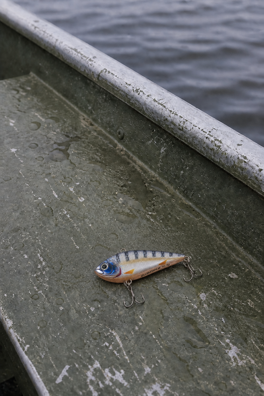 Lureholic VIB1 resting on a weathered fishing boat bench beside the water