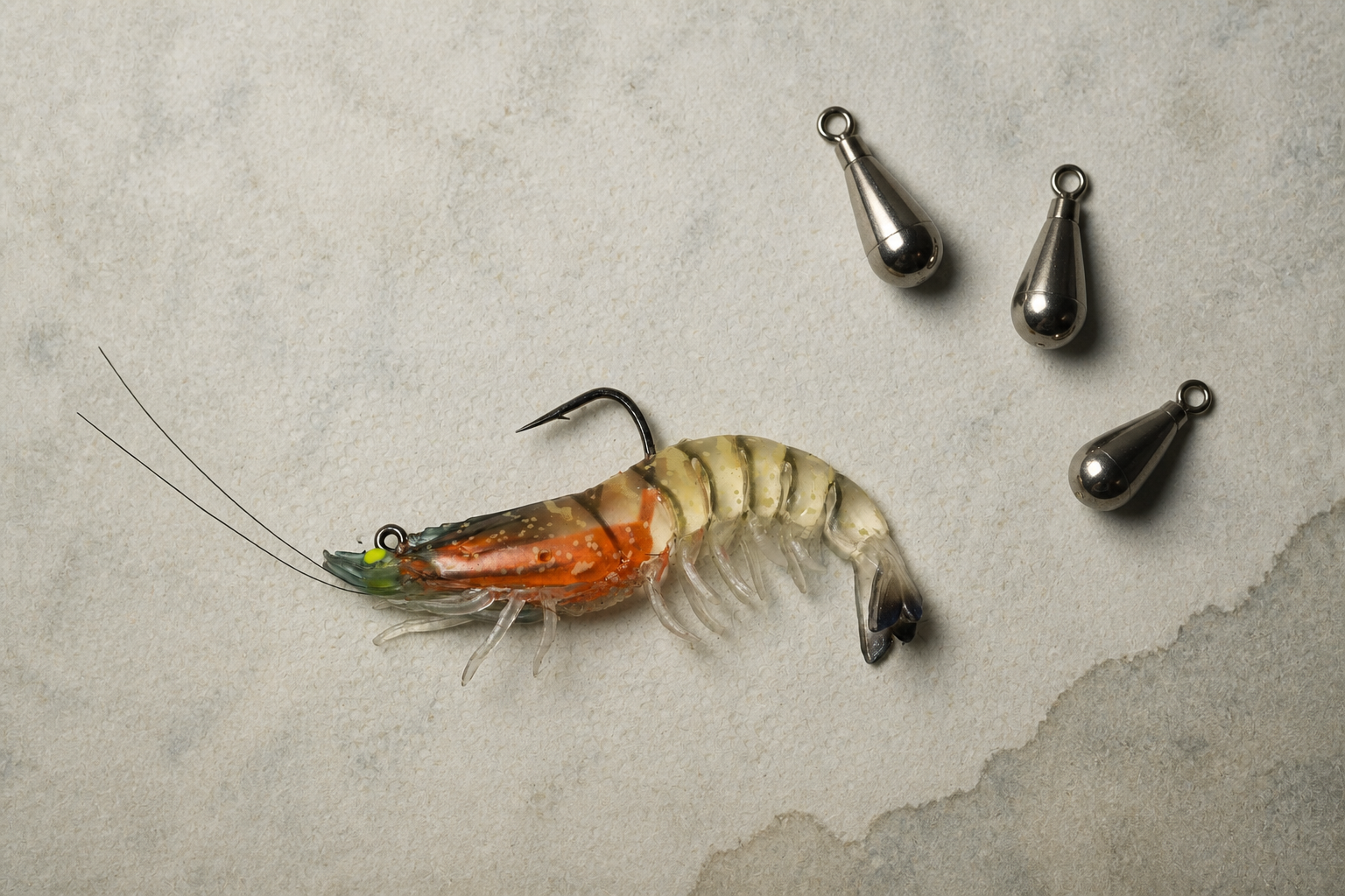 Weighted shrimp lure and polished teardrop weights arranged on river-stone paper